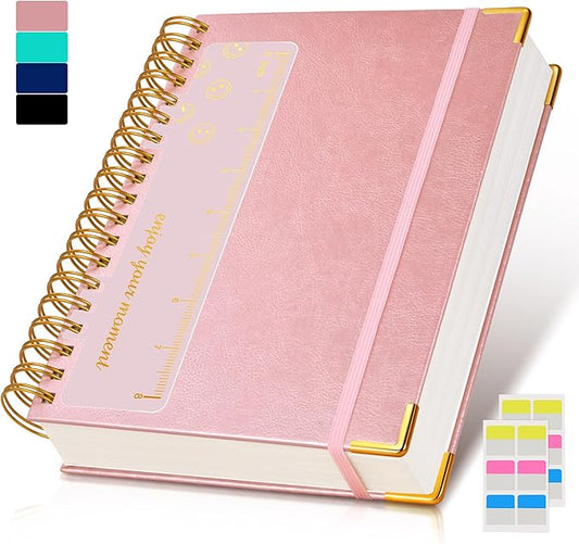 Spiral Notebook Journal 7.6” x 10”, 300 Pages Hardcover Leather Lined Journals for Women Men, B5 Large College Ruled Notebooks with 100 GSM Thick Paper, Spiral Journal for Writing Work School, Pink