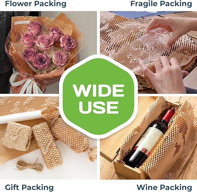 HexcelWrap Mini - Honeycomb Packing Paper, Eco-Friendly, Sustainable Paper Bubble Wrap for Shipping & Moving, Cushioned Packing Material in Easy Self-Dispenser Box - Natural, 12" x 300'