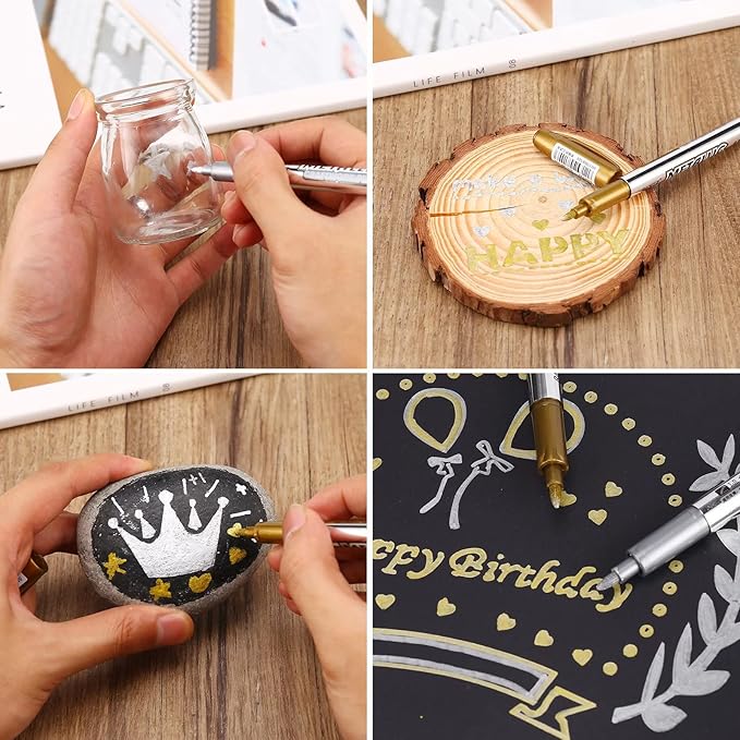 LOONENG Gold Marker Metallic, Fine Point Gold Markers Permanent Metallic for Adult Coloring, Black Paper, Scrapbook, Artist Illustration, Crafts, Gift Card Making, Fabric, DIY Photo Album, 8 Count