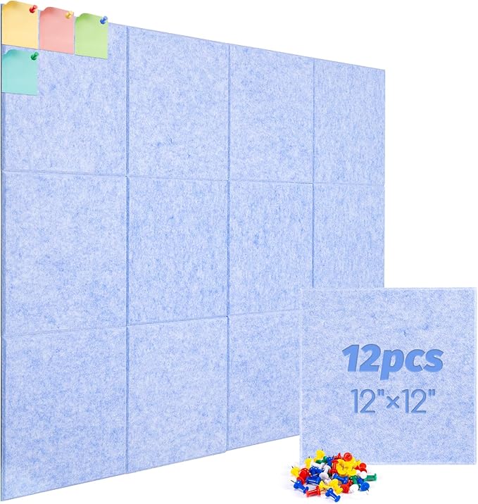 Large Cork Board Alternative, 12 Pack Felt Board with Safe Removable Adhesive Tabs Felt Wall Tiles, Large Cork Boards for Walls, Cork Board for Home Office, Pin Boards for Walls, Light Blue