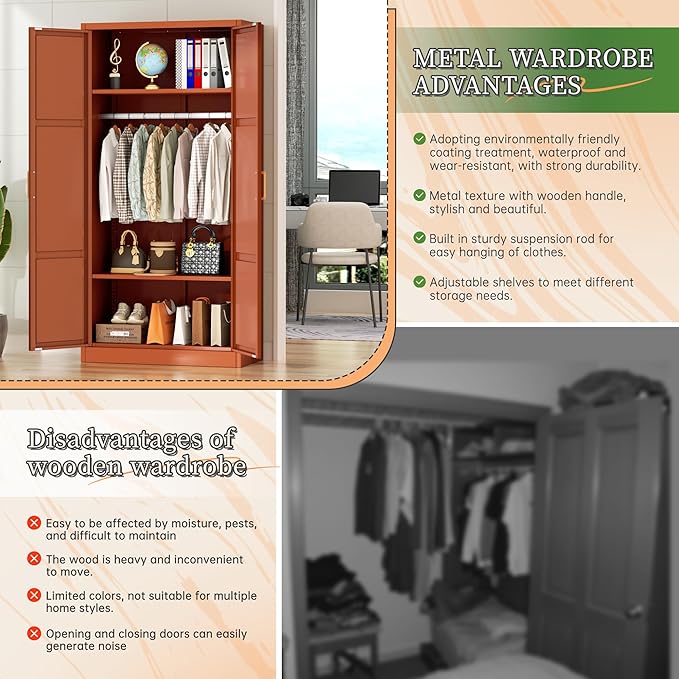 Greenvelly Metal Storage Wardrobe Cabinet, 72" Brown Metal Wardrobe Closet for Hanging Clothes with Doors and Shelves, Modern Steel Clothes Closet for Home, Office and Bedroom, School,Gym