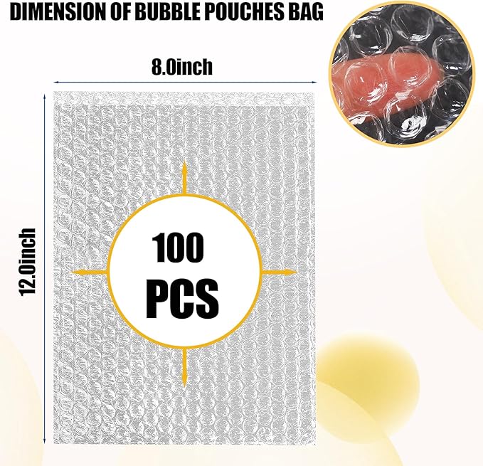 100PCS Clear Bubble Pouches Wrap Bags, 8 x 12 Inch Bubble Out Bag Pouch for Packing & Shipping, Double Layer Bubble Cushion Wrap Bags Protective Bubble Pouches Bags for Moving and Storage
