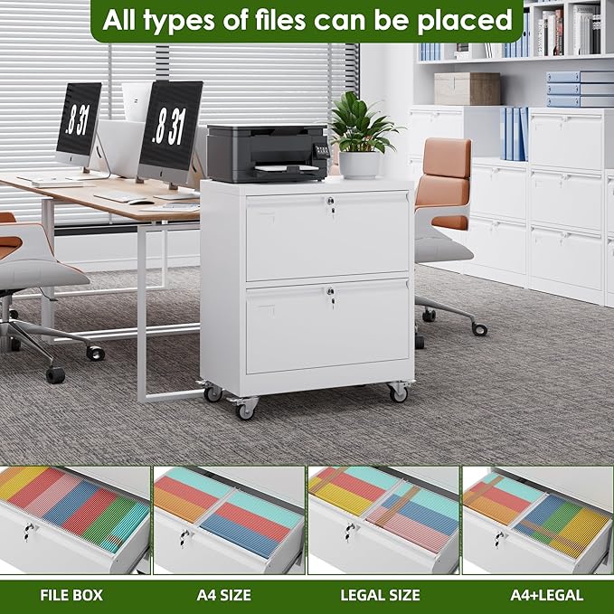 Aobabo 2 Drawer Wide File Cabinet with Wheels, Lockable Metal Filing Cabinet for Home Office, Legal/Letter Size,White,Required Assembled,15.87" D x 28.94" W x 34" H