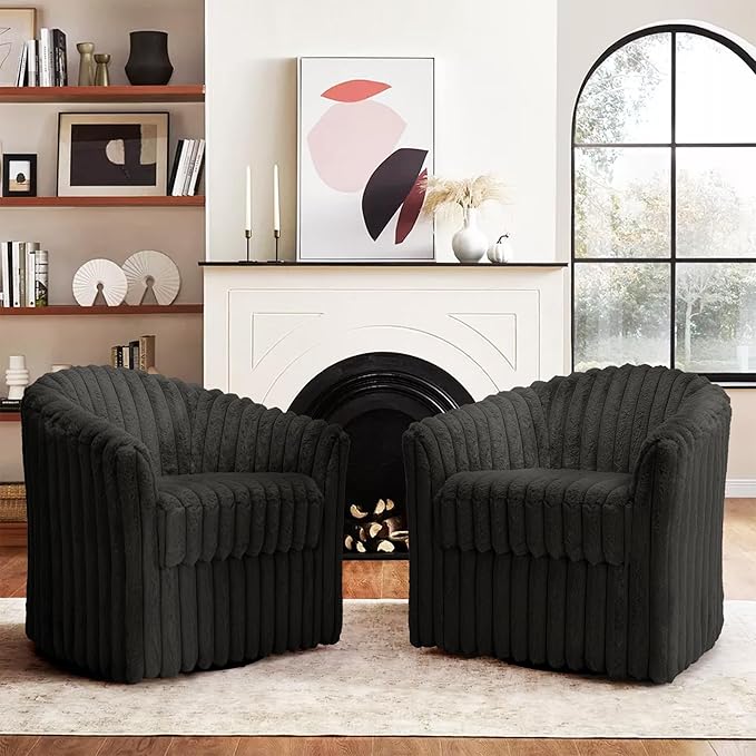 UIXE Faux Fur Swivel Accent Chair, Set of 2, Modern Upholstered Armchair Barrel Club Chair for Living Room, Chocolate