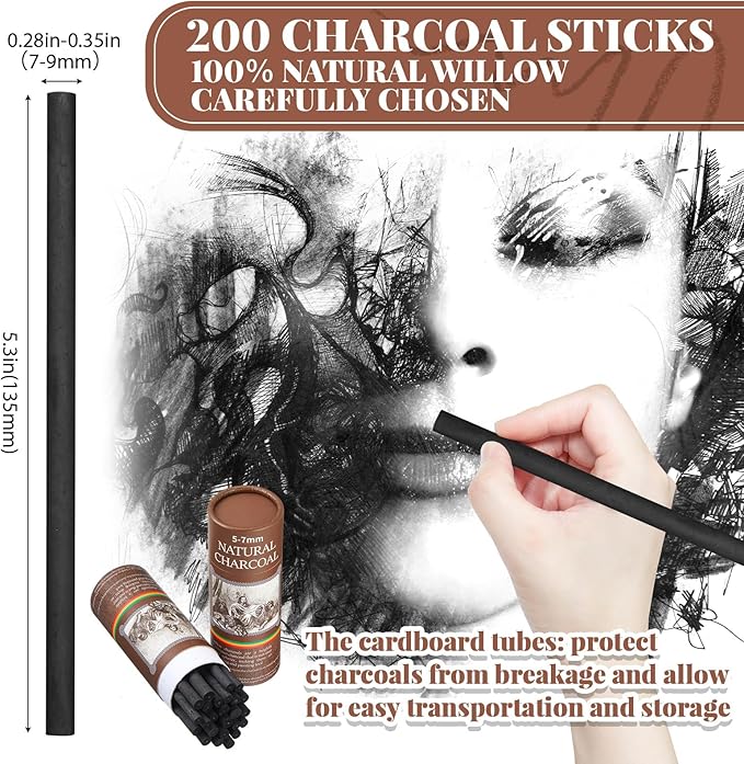 Gueevin 200 Pcs Willow Charcoal Sticks, Willow Charcoal, Artists, Beginners, Students, Perfect for Sketching, Drawing, Shading, and Fine Art (5-7mm)