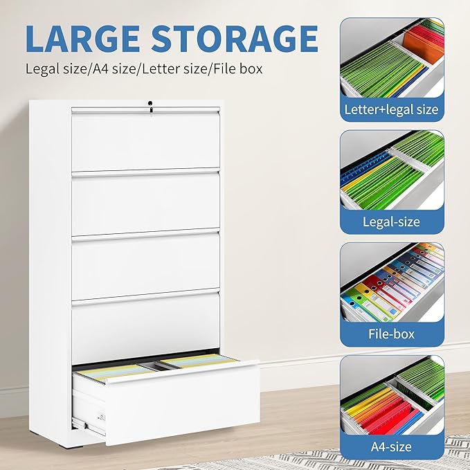 File Cabinets 5 Drawer,Metal Office Storage Filing Cabinet with Lock,White Lateral Filing Cabinet for Home Office,Horizontal Locking File Cabinets for Legal/Letter/A4,Assembly Require,White