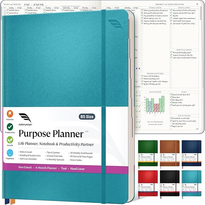 Purpose Planner Notebook B5 Hardcover 7.5”x9.8”- Teal Undated Daily, Weekly, and Monthly 2025 - Productivity & Goal Setting Tool for Work, Home, and Self-Care - ADHD & Journal for Adults