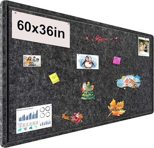 Large Bulletin Board, Foldable 60x36 Inches Cork Board Alternative, Large Felt Board Decorative Pin Board for Wall, Foldable Photo Board Self-Adhesive Vision Board with 36 Pushpins Dark Gray
