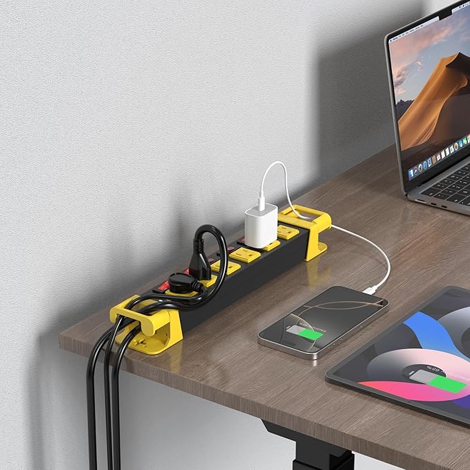 Heavy Duty Power Strip - 6 Outlet Power Strip with Individual Switches Cord Manager Surge Protector 1200J Home Office Garage Industrial Workbench