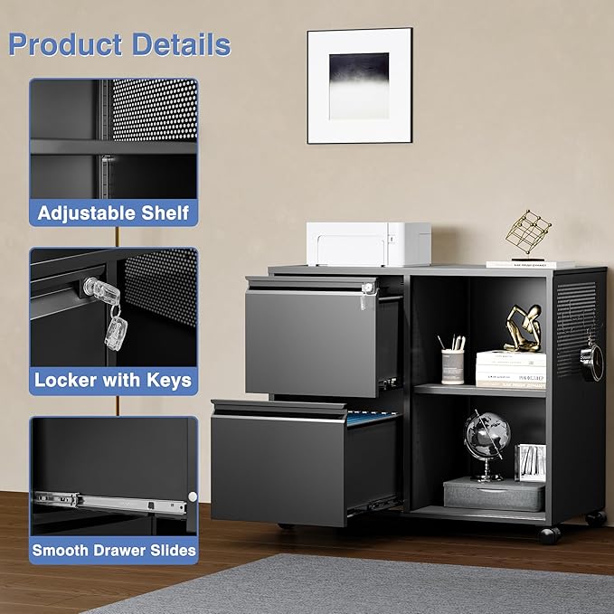 Mobile Lateral File Cabinet,2 Drawer Filing Cabinet with Lock fits A4/F4 or Letter Size for Home Office,Metal Rolling Printer Stand with Open Storage Adjustable Shelves(Black)