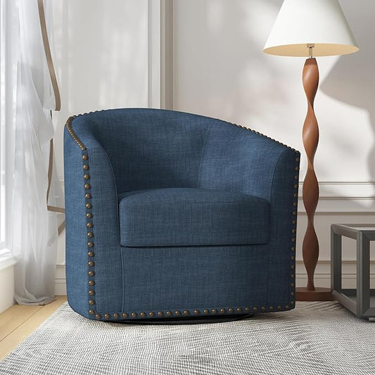UIXE 360° Swivel Barrel Accent Chair, Modern Upholstered Arm Chair Round Club Armchair, Nailhead Trim Single Sofa Seating in Fabric for Living Room - Blue