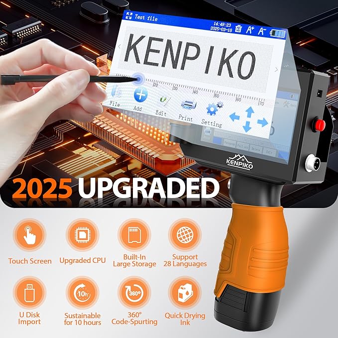 Handheld Printer, 2025 Upgrade 1 Inch Print Height Handheld Inkjet Printer with 72ML Quick-Drying Ink Cartridge,Portable Inkjet Printers Gun with 4.3" Touch Screen for Barcode, Logo, Date