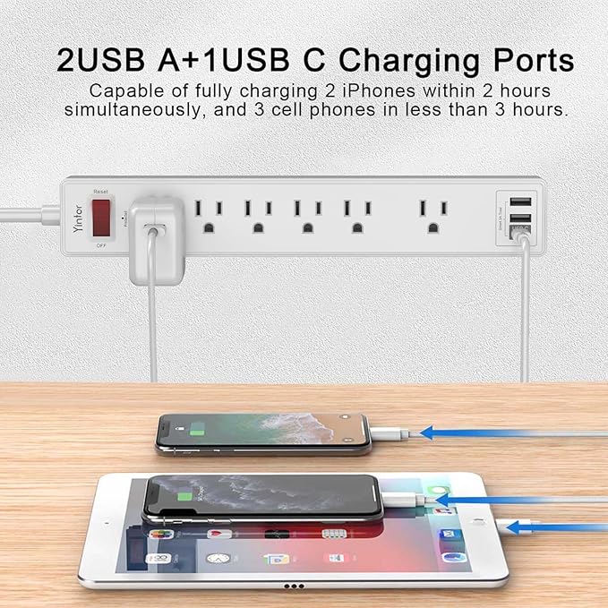 10 Ft Power Strip Surge Protector - Yintar Extension Cord with 6 AC Outlets and 3 USB Ports for Home, Office, Dorm Essentials, 1680 Joules, ETL Listed, White