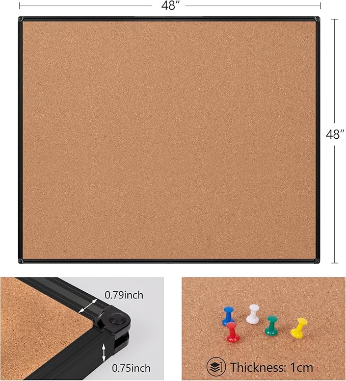 Board2by Extra Large Cork Bulletin Board 48" X 48", Black Aluminum Framed 4'x4' Corkboard for Wall, Wall Mounted Notice Pin Board with 18 Push Pins for School, Home & Office