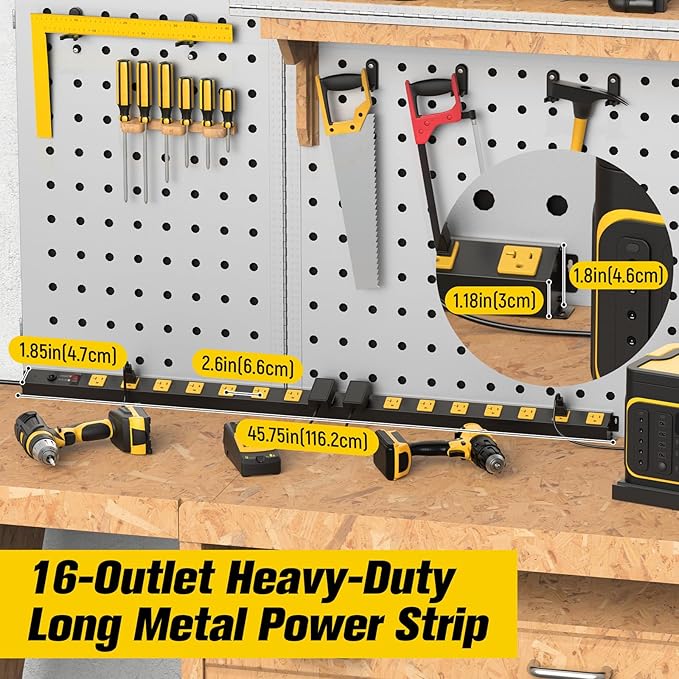 HHSOET 16 Outlet Long Power Strip, 10FT Heavy Duty Power Strip with 4800J Surge Protection, 20a Mountable Wide-Spaced Outlets for Home, Office, Garage & Workshop - ETL Certified