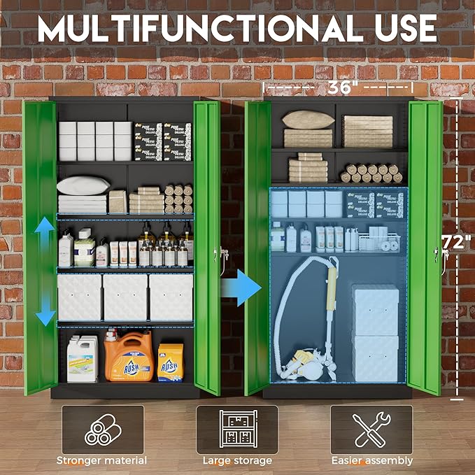 Greenvelly Metal Storage Cabinet,72" Steel Storage Cabinets with Doors and Adjustable Shelves, Metal Tool Cabinets, Locking File Cabinet for Home Office, Garage, School (Black Green36 Wx18 D)