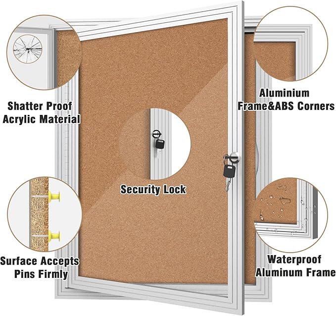 26"x20" Enclosed Bulletin Board, Outdoor Lockable Weather-Resistant Aluminum Cork Noticeboard for School & Office, Silver Frame w/Cork