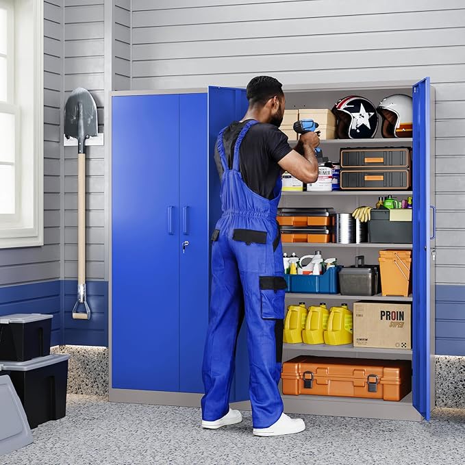 Yizosh Metal Garage Storage Cabinet with 2 Doors and 5 Adjustable Shelves - 71" Steel Lockable File Cabinet,Locking Tool Cabinets for Office,Home,Garage,Gym,School (Gray Blue)