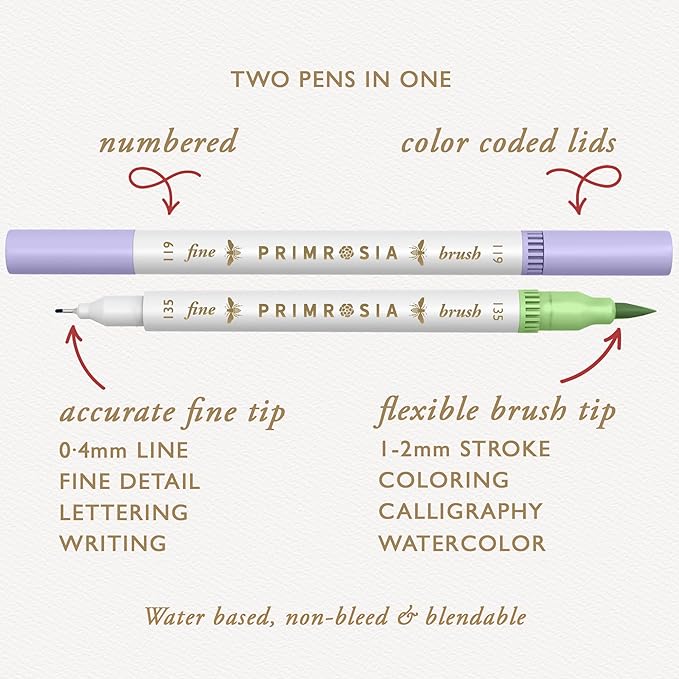 Primrosia 12 Dual Tip Watercolor Marker Pens - Fine Tip & Brush Tips, Professional Quality, 4 x Sticker Sheets, Blendable, Non-Toxic, Perfect for Calligraphy, Drawing & Coloring. (Patisserie)
