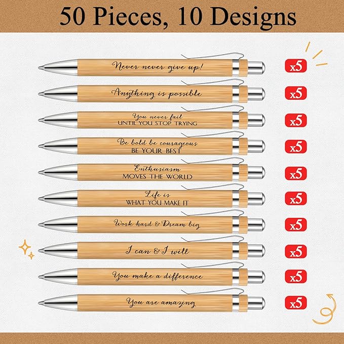 Fulmoon 50 Pcs Employee Appreciation Gifts Bulk Inspirational Bamboo Pens Motivational Thank You Wood Writing Ballpoint Pens for Coworkers Team Staff Leadership Teacher Student Back to School Gifts