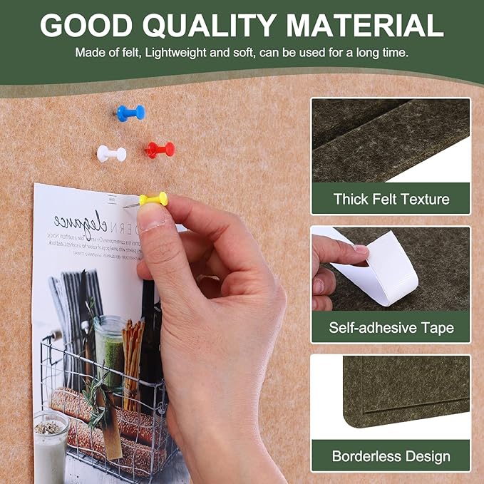 YOKIVE Felt Bulletin Board, 48 x 36 -Inch Foldable Decorative Pin Board Self Adhesive Felt Cork Board with 20 Pushpins, Great for Wall, Photo Display, Paste Note, Schedule(Olive)
