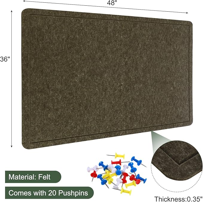 YOKIVE Felt Bulletin Board, 48 x 36 -Inch Foldable Decorative Pin Board Self Adhesive Felt Cork Board with 20 Pushpins, Great for Wall, Photo Display, Paste Note, Schedule(Olive)