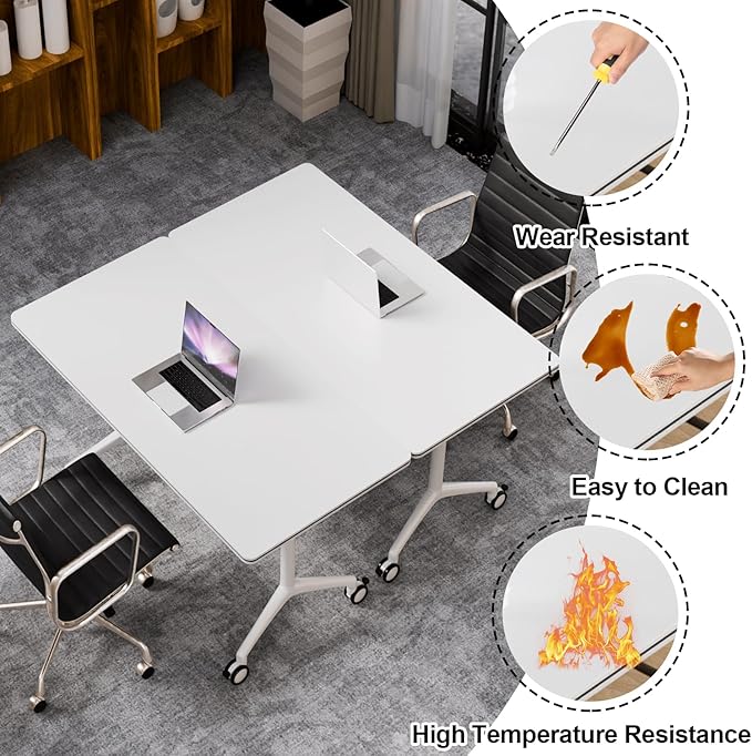 Folding Conference Table, Modern Large Conference Room Tables with Flip-Top Design, Foldable Conference Table Meeting Table with Wheels, Mobile Seminar Training Tables for Office Classroom (6, White)