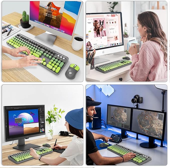 FOPETT Wireless Keyboard and Mouse Combo, 104 Keys Full-Sized 2.4 GHz Round Keycap Colorful Keyboards, USB Receiver Plug and Play, for Windows, Mac, PC, Laptop, Desktop (GreyGreen)