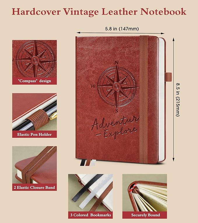 Graph Notebook for Women Men, 160 Pages Grid Paper Journal, A5 Hardcover Vintage Leather Graphing Notebooks for School, Work, College Ruled, Inner Pocket, 5.8"x8.5" (Brown)