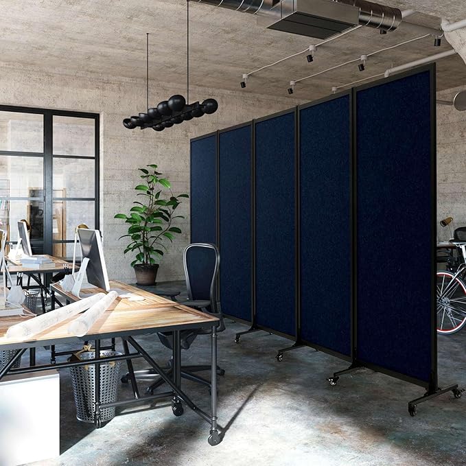 Upgrade Version Room Partition and Divider, Freestanding Rolling Dividers with Wheels,Office Privacy Screen Divider Wall,Classroom Felt Dividers,10'6"L* 6'7"H,5 Panel,Blue