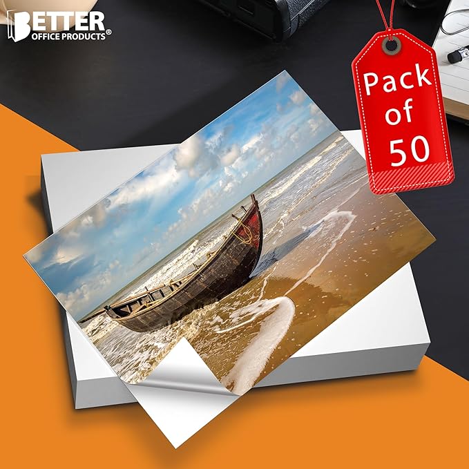 Better Office Products Self-Adhesive Photo Paper, Sticky Photo Paper, Glossy, 8.5 x 11 Inch, 50 Sheets, 135 gsm, Letter Size, 50-Count Pack