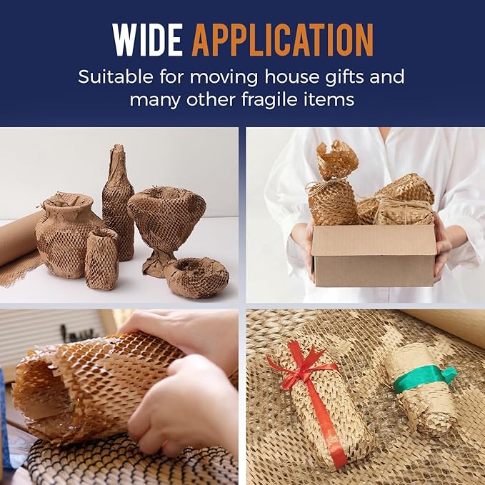 Honeycomb Packing Paper 12" x 55ft with Rope & 20 Fragile Stickers|Shipping & Moving Supplies|Small Business Packaging Supplies|Eco Friendly Bubble Wrap Packing Boxes for Moving Certified FSC C204227