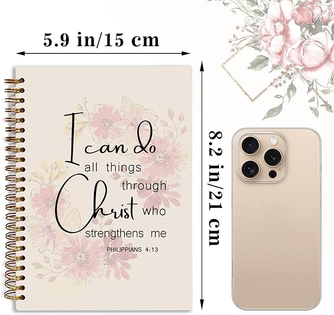 Bible Notebook, A5 Spiral Christian Journal with Pink Floral Notebook, Bible Verse-I Can Do All Things Through Christ Who Strengthens Me, Inspirational Notebooks for Women, Gift for Birthday Christmas