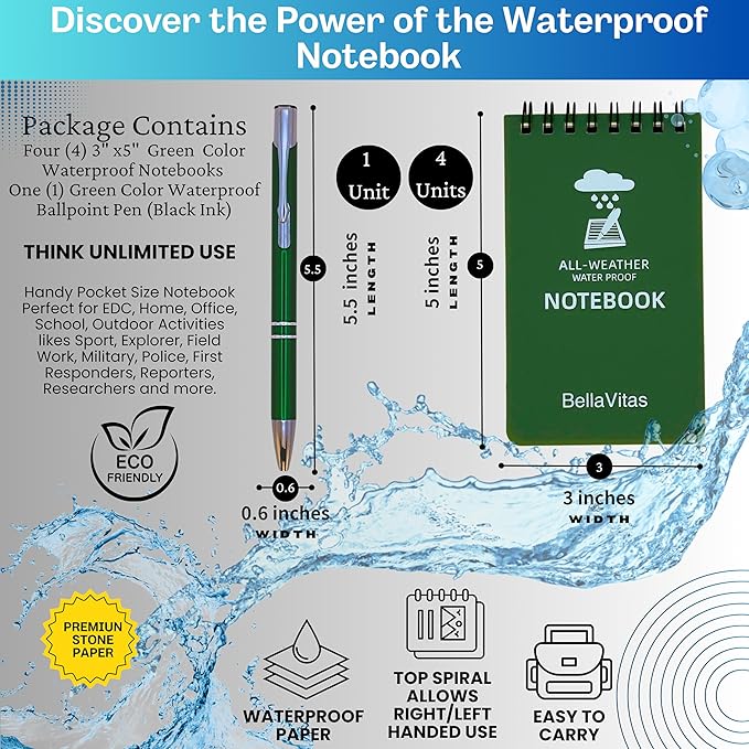 Waterproof 3x5 Notebook Pocket Notebook Small Spiral Notebooks Pocket Notepad Small Notepad 3x5 Pocket Notepad Police Notepad Tactical Notebook and All-Weather pen 4 Pack Green