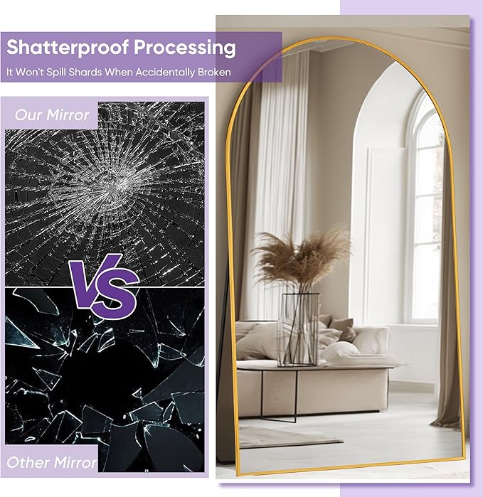 Full Length Mirror, 86"x46" Oversized Floor Mirror Freestanding, Full Body Mirror Floor Standing Mirrors with Stand, Hanging Mounted Mirrors for Bedroom Living Room, Gold, Arched Style