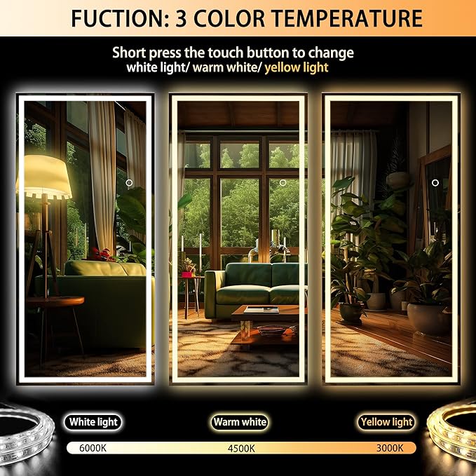 Hasipu Full Length Mirror with Lights, 95" x 40" LED Lighted Floor Standing Mirror, Full Body Dressing Hanging Mounted Mirrors, Dimmable, Tempered Glass, Safe to Use, Square White