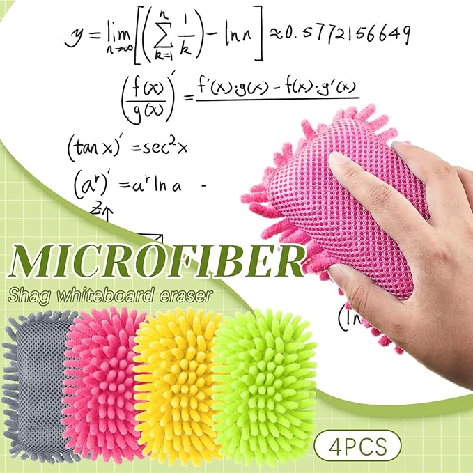 Zonon 4 Pieces Dry Erase Eraser Microfiber Shag Washable Whiteboard Eraser for Markers, Chalk, Classroom, Home and Office(Pink,Green,Yellow,Gray)