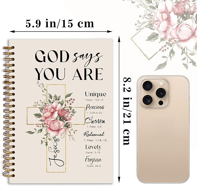 Bible Notebook, A5 Spiral Christian Journal with Floral Pink Butterfly Notebook, Bible Verse-God Says You Are, Inspirational Notebooks for Women, Bible Study, Gift for Birthday Christmas