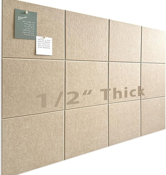 Large Cork Board for Office Wall Decor,48"x36"-12 Pack Felt Wall Tiles with Safe Removable Adhesive Tabs, 1/2" Thick, Felt Bulletin Board Pin Board Cork Boards for Walls - Tan