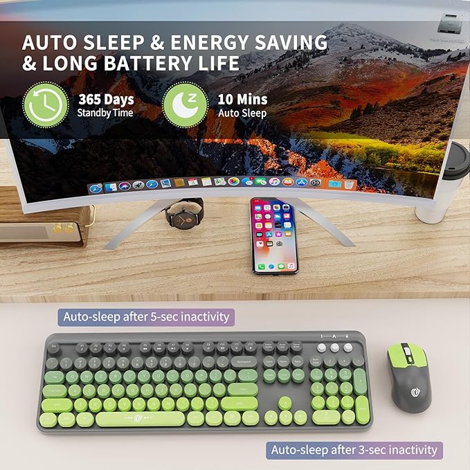 FOPETT Wireless Keyboard and Mouse Combo, 104 Keys Full-Sized 2.4 GHz Round Keycap Colorful Keyboards, USB Receiver Plug and Play, for Windows, Mac, PC, Laptop, Desktop (GreyGreen)