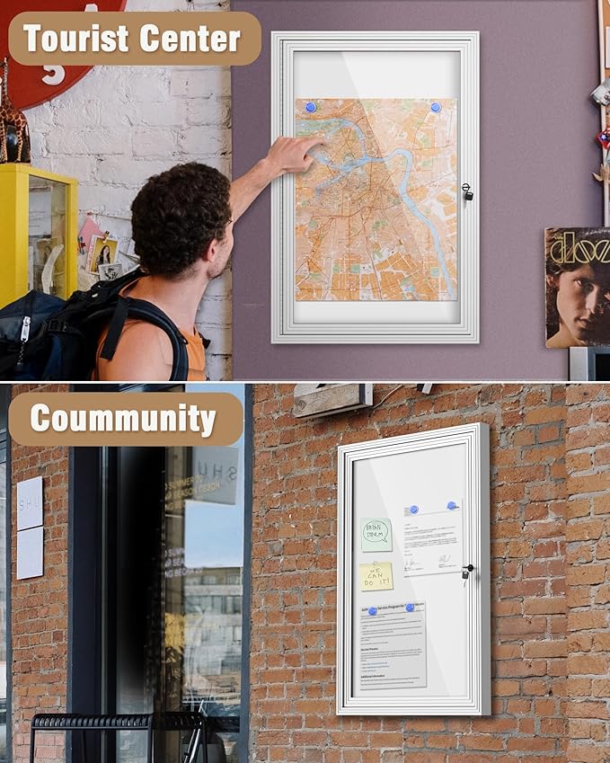 36"x24" Enclosed Bulletin Board, Outdoor Lockable Weather-Resistant Aluminum Noticeboard for School & Office, Silver Frame w/Magnetic Board