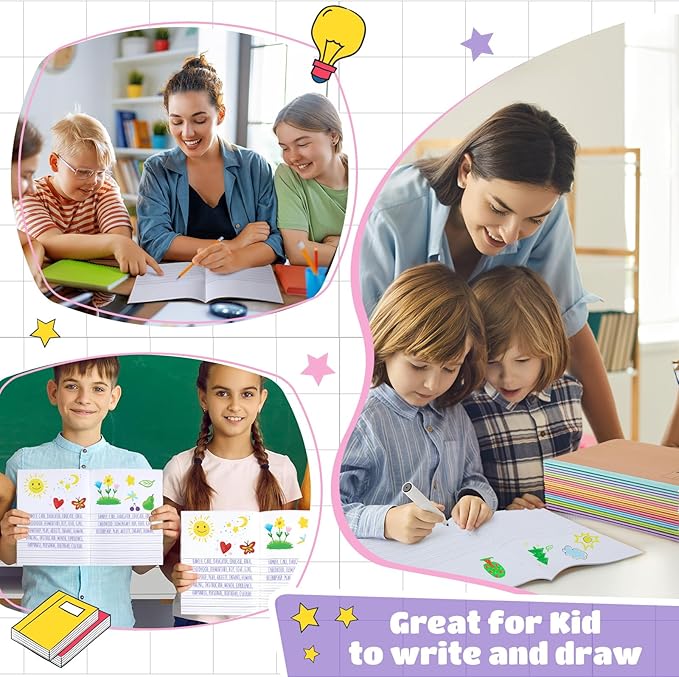 Henoyso 40 Pcs Primary Composition Notebook 9 3/4 x 7 1/2 Inch Kids Journal, Back to School Supplies, K-2 Primary Writing Notebook for Kids Student Draw and Write Story Journal (Colorful Macaron)