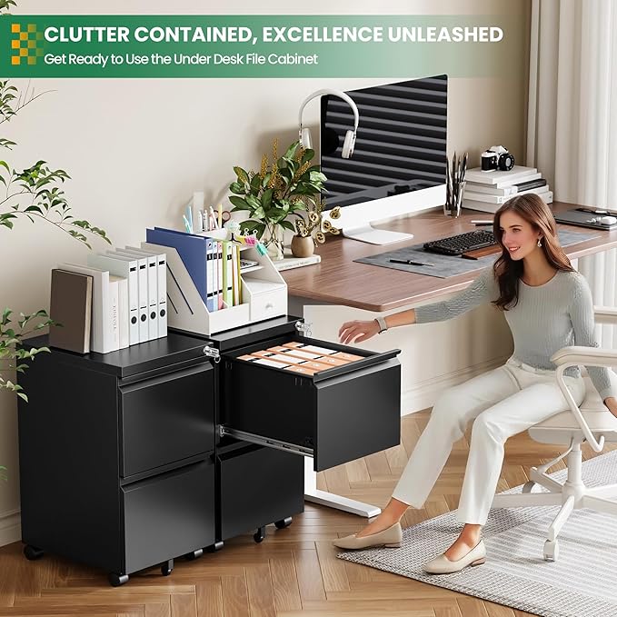 2 Drawer Metal File Cabinet with Lock, Rolling File Cabinets with Lock for A4/Legal/Letter Size, Under Desk Filing Cabinet for Home Office Assembly Required（Black）