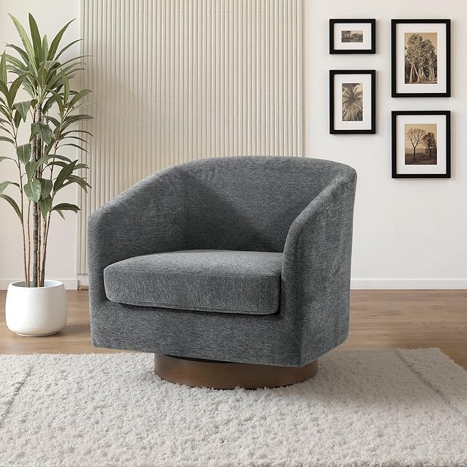 UIXE Swivel Accent Chair with Wood Base, Chenille Upholstered Barrel Chairs for Living Room, Comfy Round Armchair Single Sofa Bedroom Reading Seat - 31" W, Gray