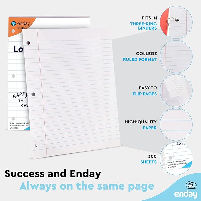 Loose Leaf Paper College Ruled Notebook Paper, 8" x 10.5" Filler Paper White, 3 Hole Punched Binder Paper for 3 Ring Binders, Lined Paper 150 Sheets Per Pack (2 Pack) - By Enday