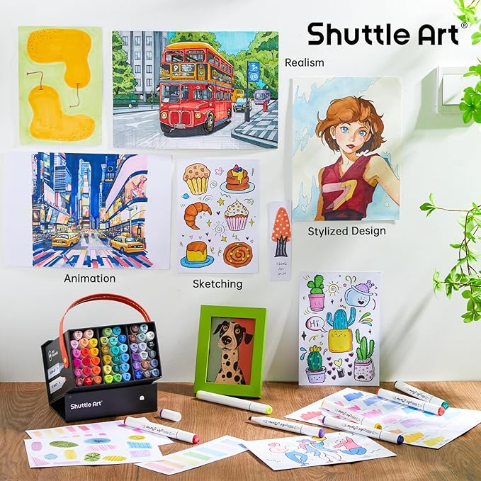 Shuttle Art Alcohol Markers Brush tip, Dual Tip Brush & Chisel Tip Art Marker Set, 50 Colors plus 1 Blender Permanent Marker Pens with Case Perfect for Illustration Students Adults Coloring