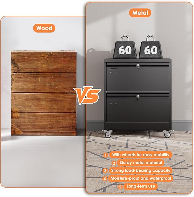 Aobabo Metal 2 Drawer Lateral File Mobile Cabinet with 2 Lock, Flie Cabinet with Wheels and Adjustable File Bars for Office,Home, for Letter/Legal Size, Black, Assembly Required