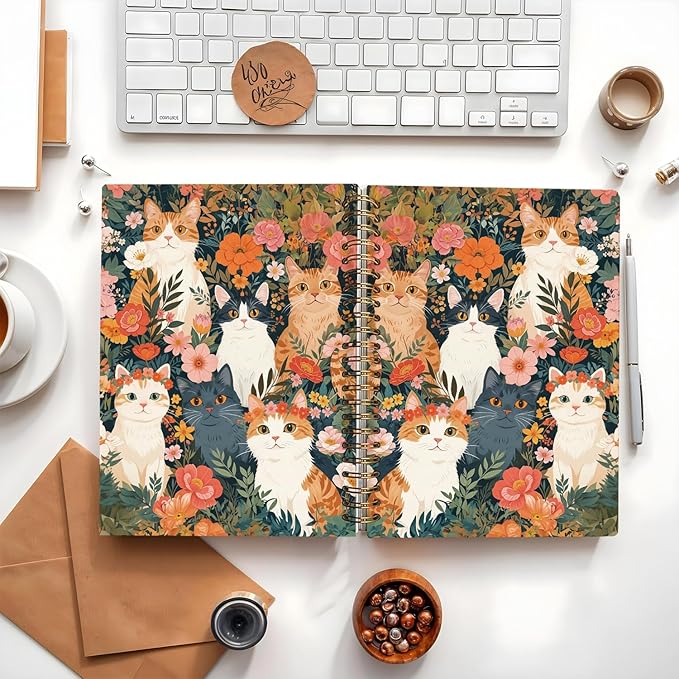 Cat Notebook Journal for Teen Girls, Black Cat Floral Spiral Notebook for School Supplies, Cute Notebooks for School Aesthetic, Cat Lover Gifts for Women Men 5.5x8.3 Inch