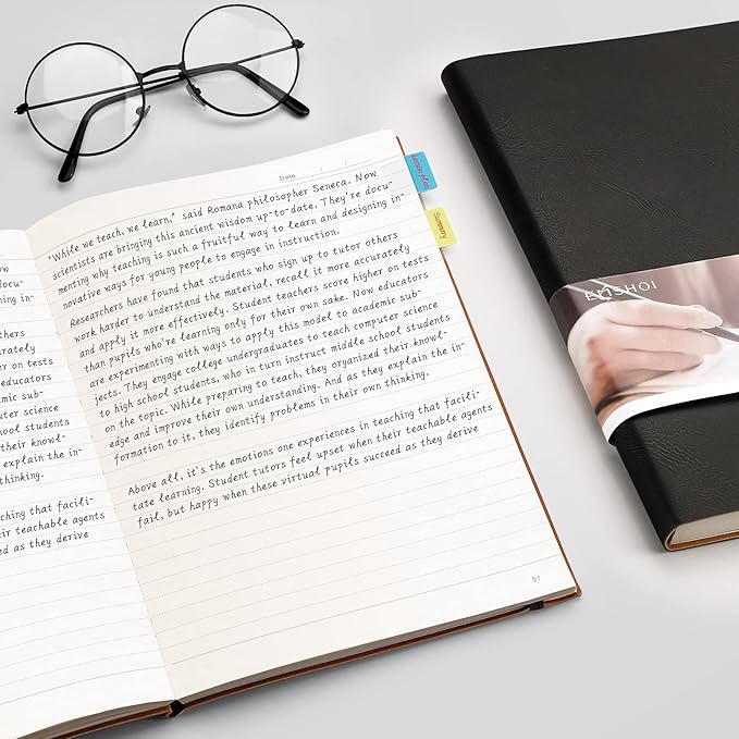 EMSHOI Composition Notebooks College Ruled - Soft Cover Leather Thick Journal, B5 Large Notebook, with Free Sticky Notes, 204 Numbered Pages,100gsm Lined Paper, for Writers Students, 7.5"x10"- Black