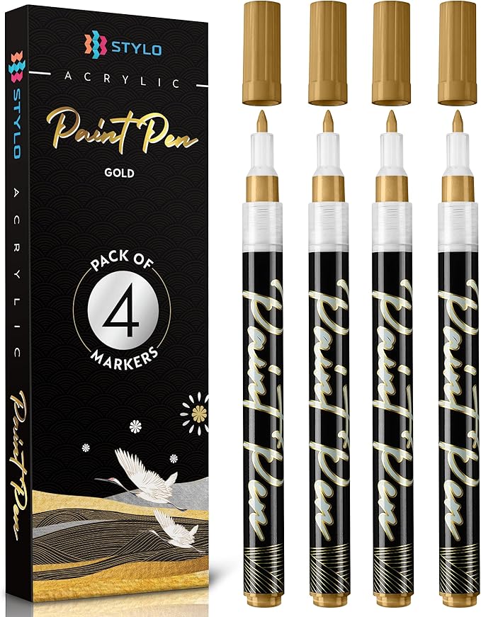 Stylo 4 Count Acrylic Metallic Pens - Gold Paint Pens - Fine Tip Permanent Acrylic Metallic Paint Markers for Rock Painting, Glass, Wood, Ideal for Arts and Crafts (Pack of 4, Gold)